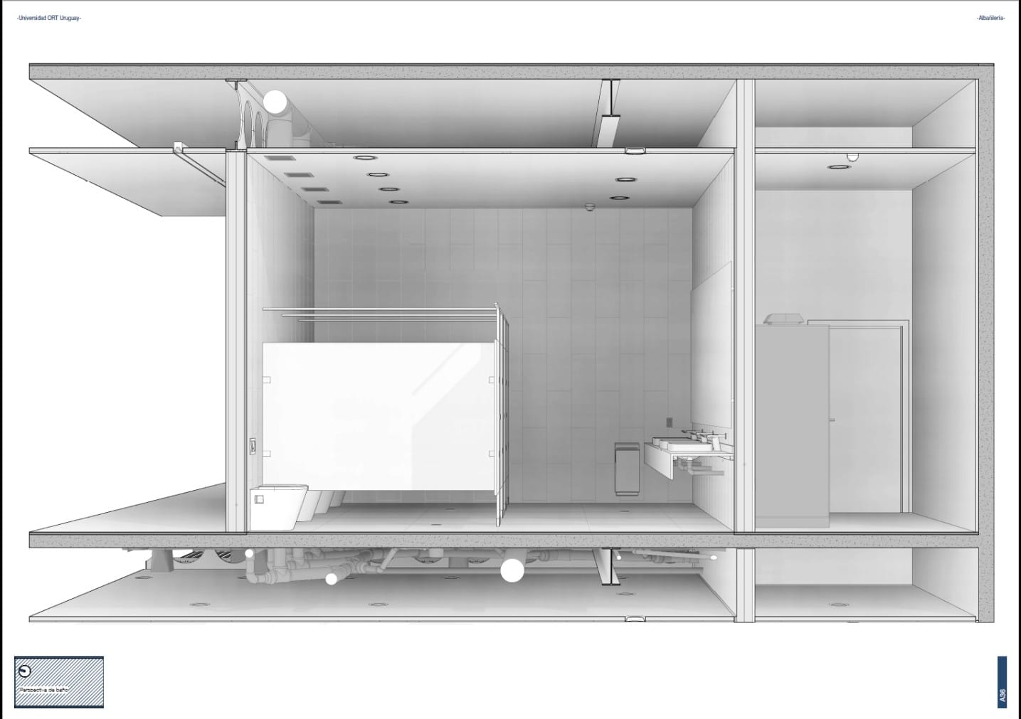 Corte 3D de módulo sanitario mostrando la distribución interior y acabados