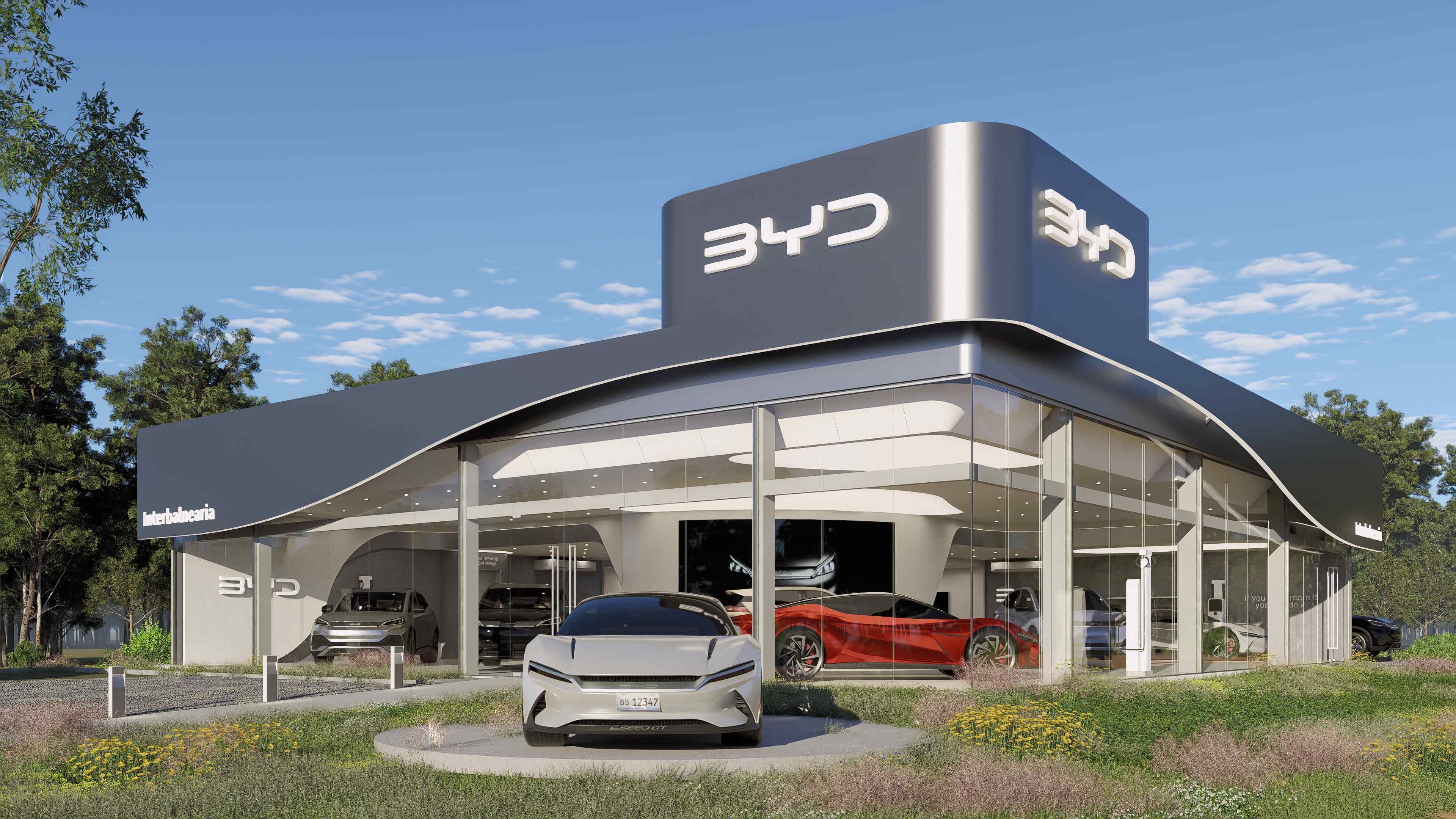 Perspectiva diurna de la esquina curva, el showroom y el vehículo exhibido