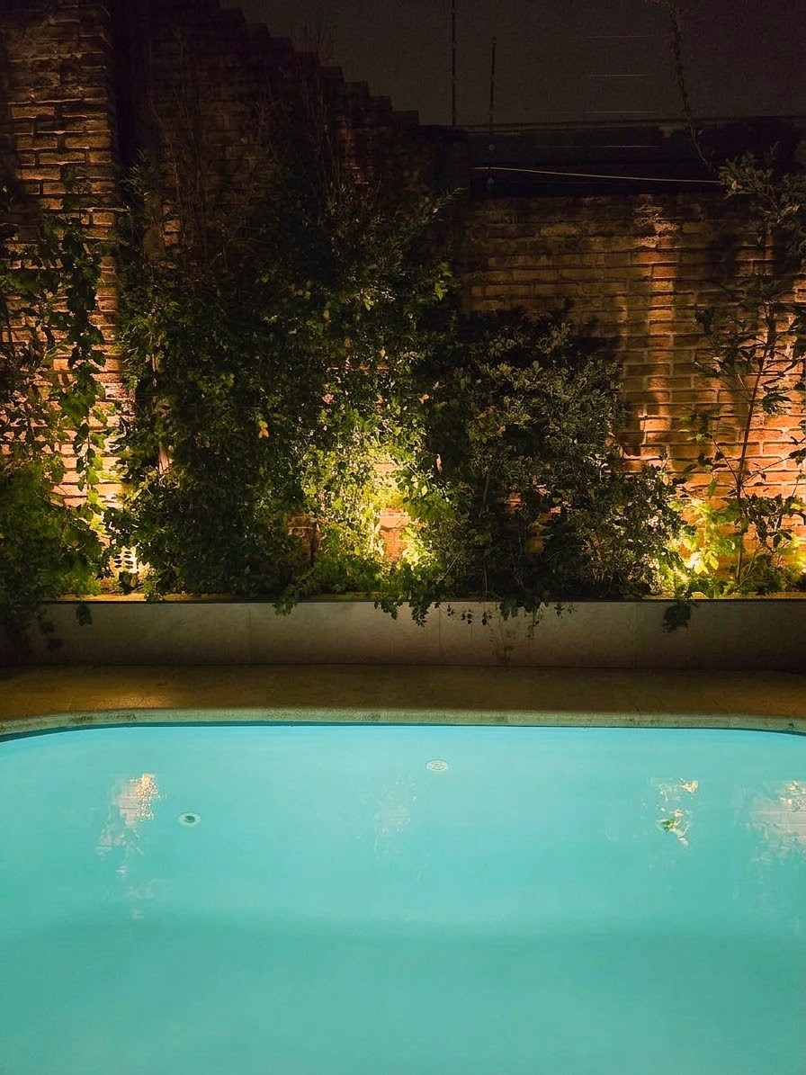 Fotografía nocturna de la piscina y el jardín iluminado