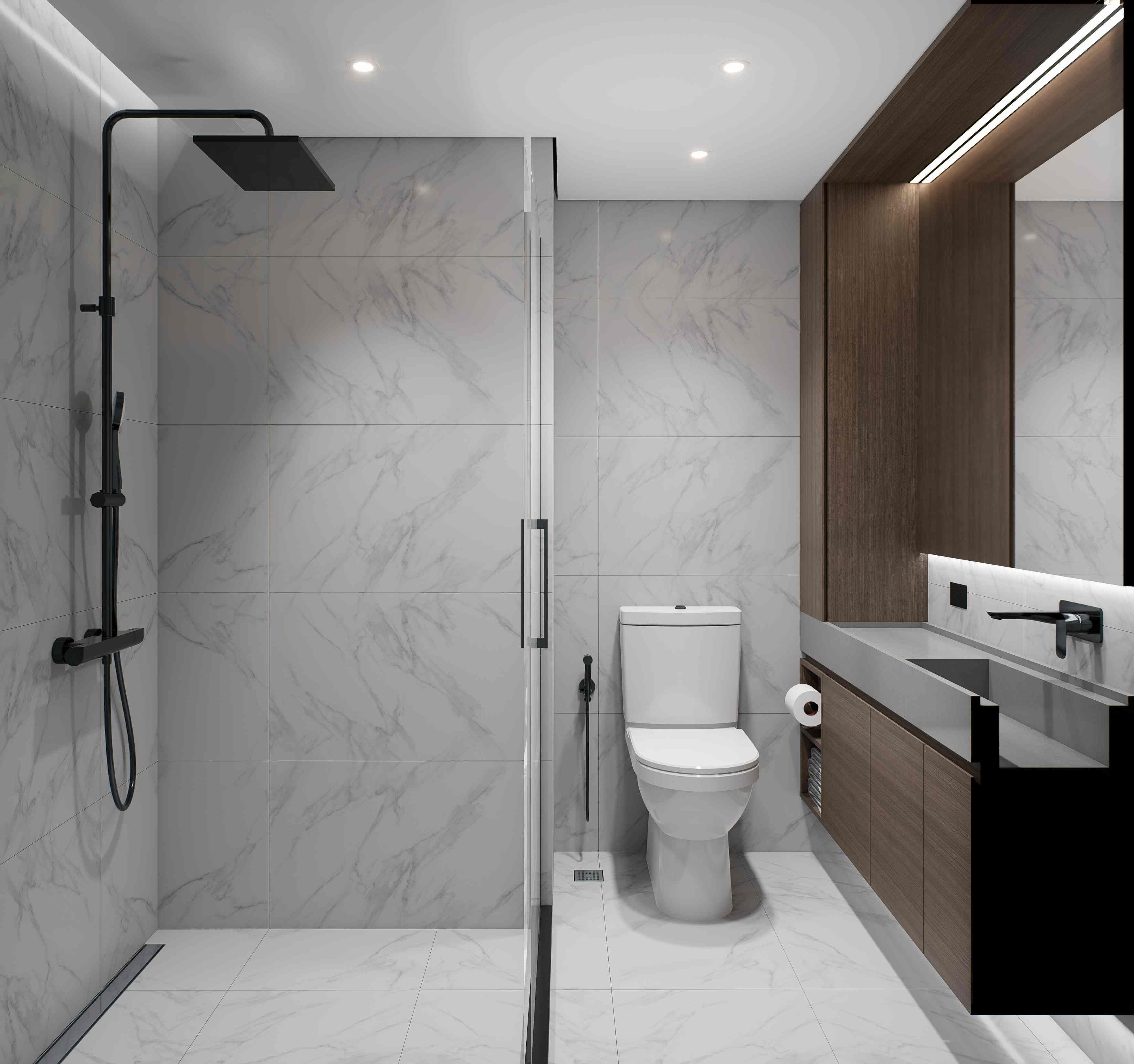 Render general del baño con ducha, inodoro y mueble de nogal