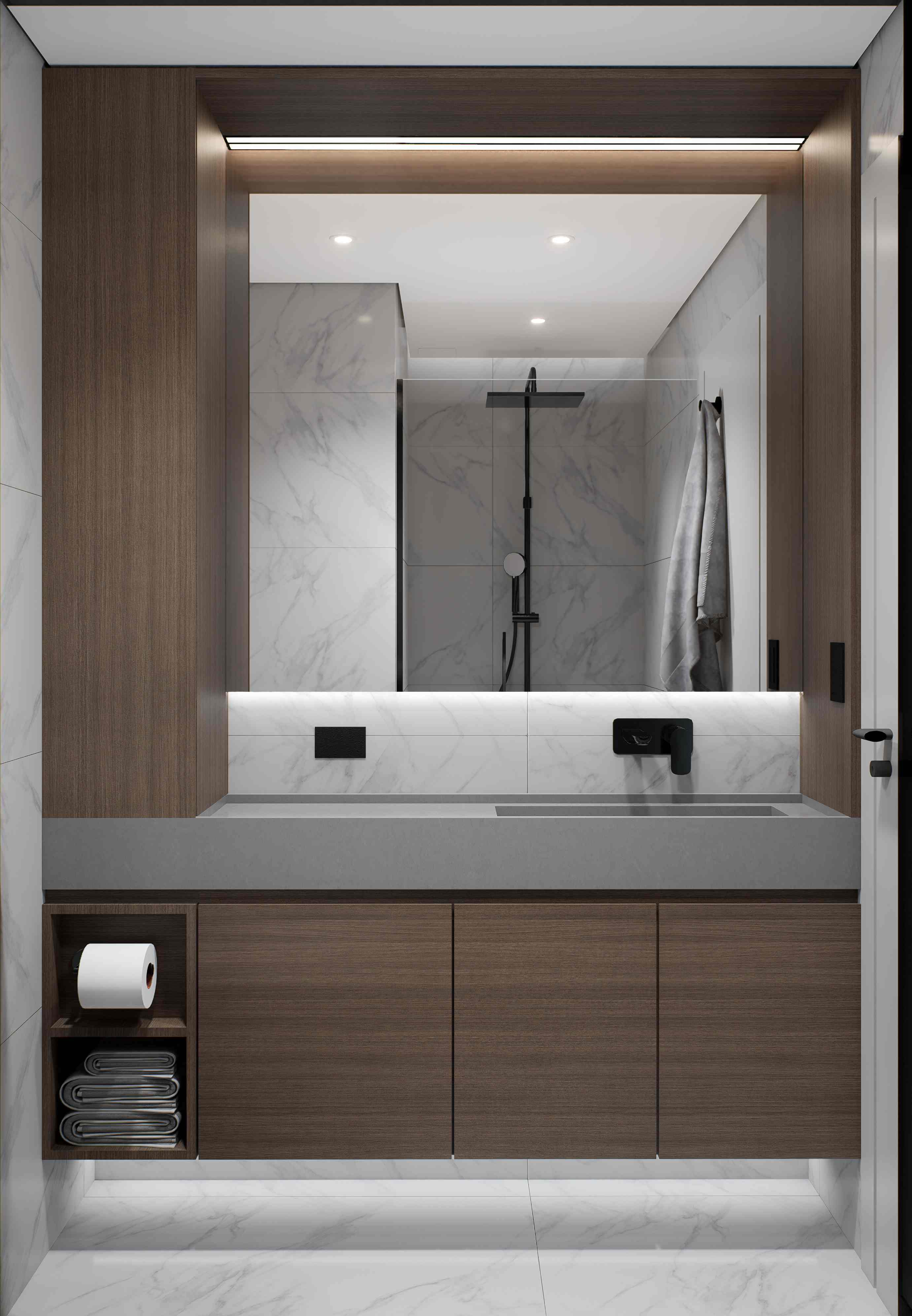 Render de inodoro y ducha con mueble de nogal y espejo iluminado
