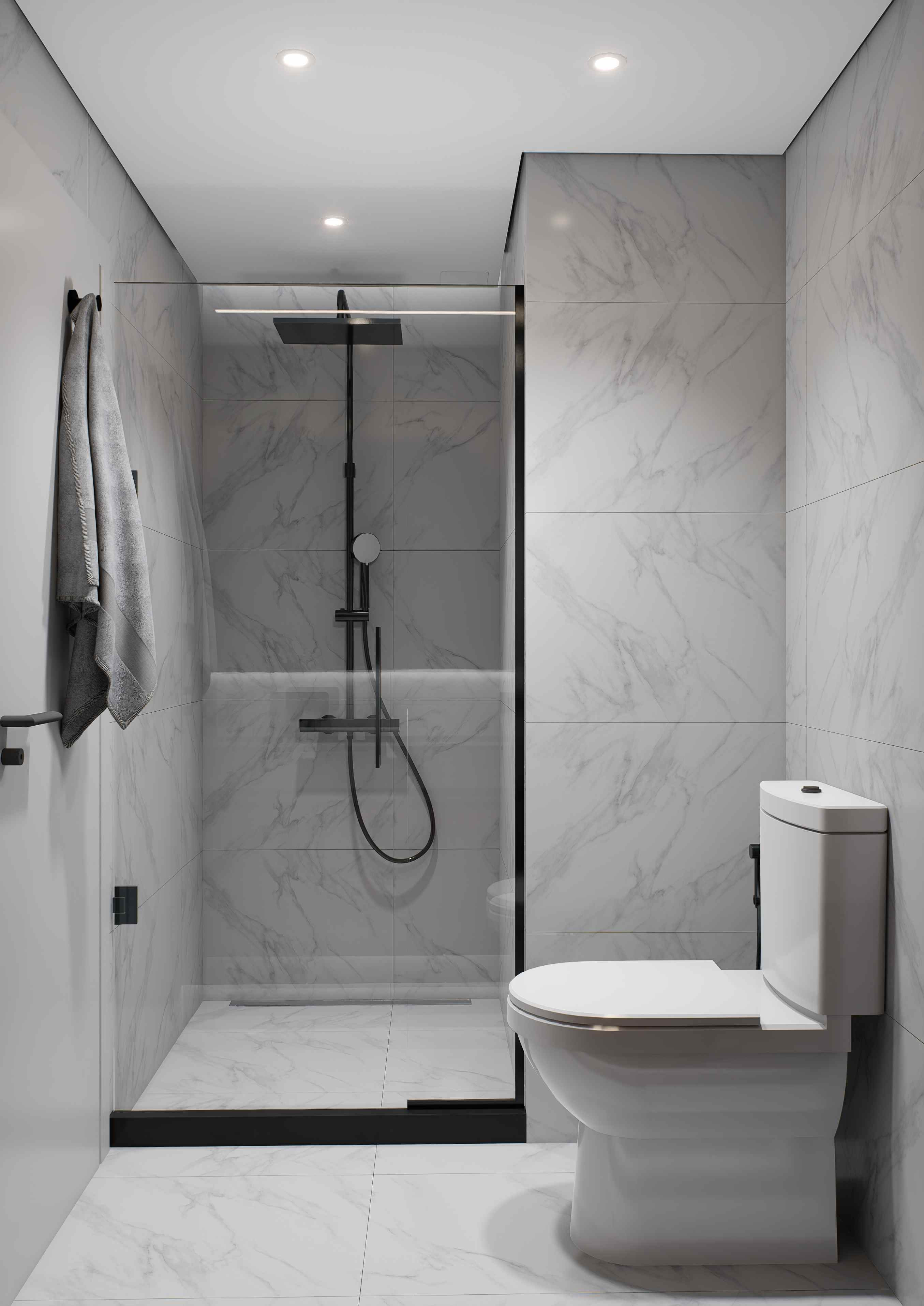 Render de mueble vanitory en tono nogal con espejo reflejando la ducha