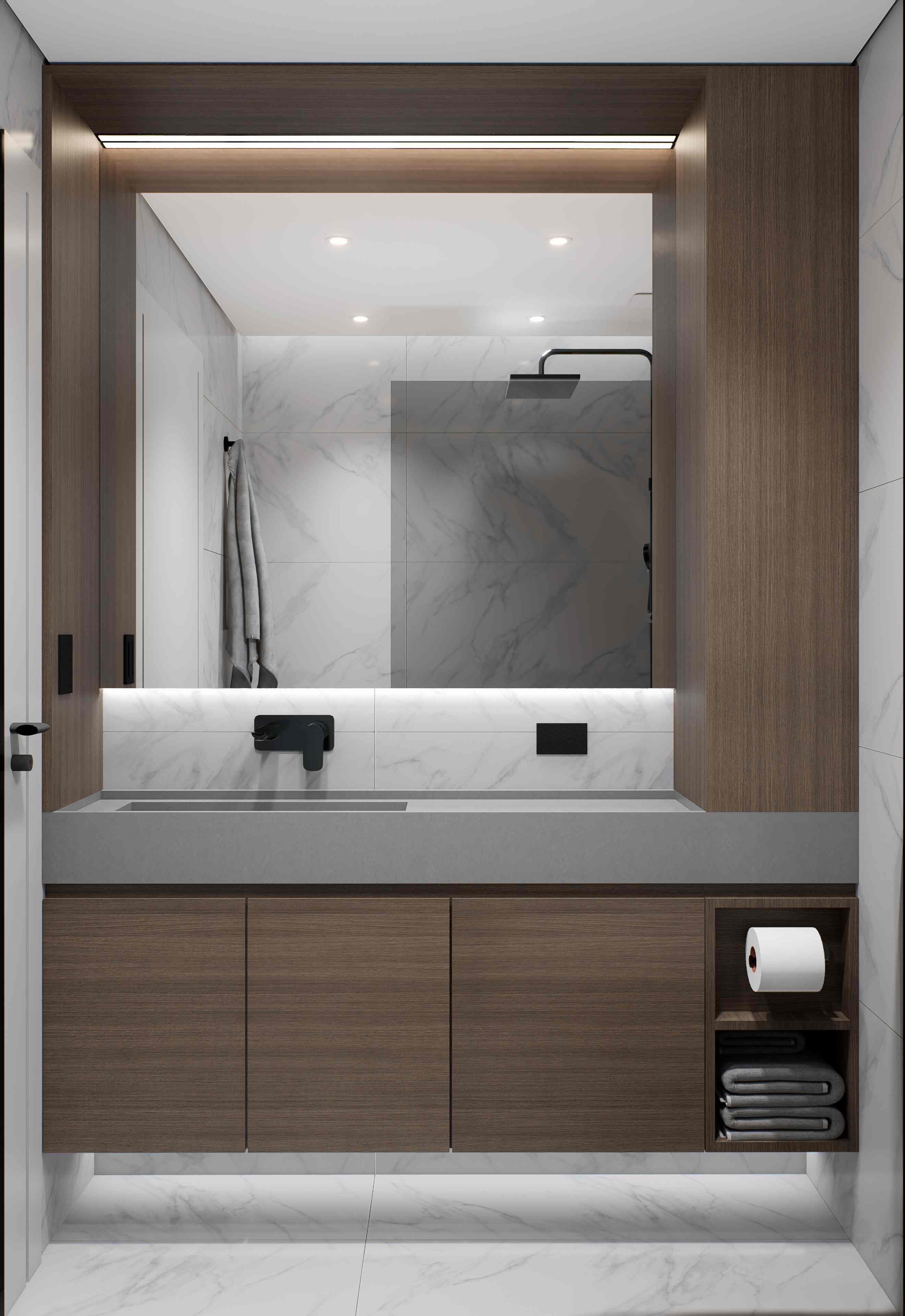 Render general del baño con ducha, inodoro y mueble en tonos claros