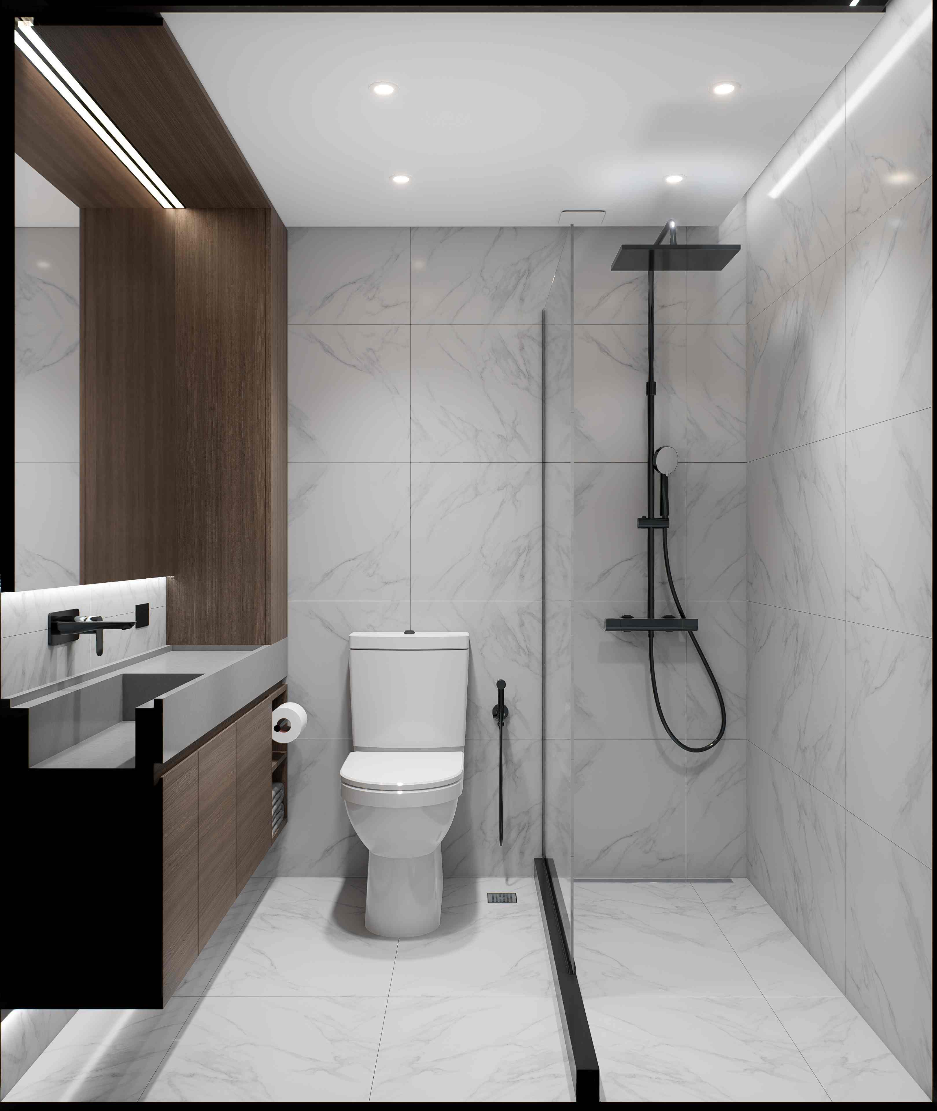 Render del recinto de ducha y vanitory con acabados en nogal y pétreo