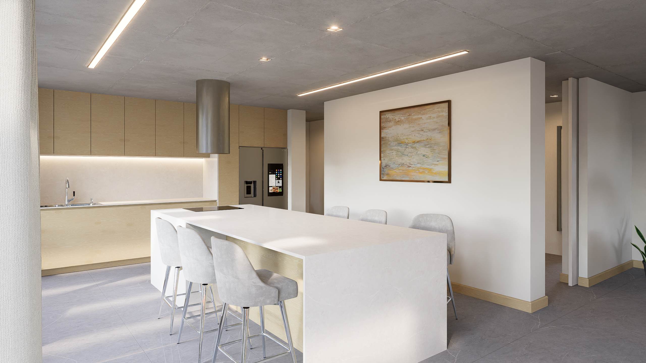Cocina con isla de cuarzo blanco, mobiliario en madera clara y cielorraso de hormigón