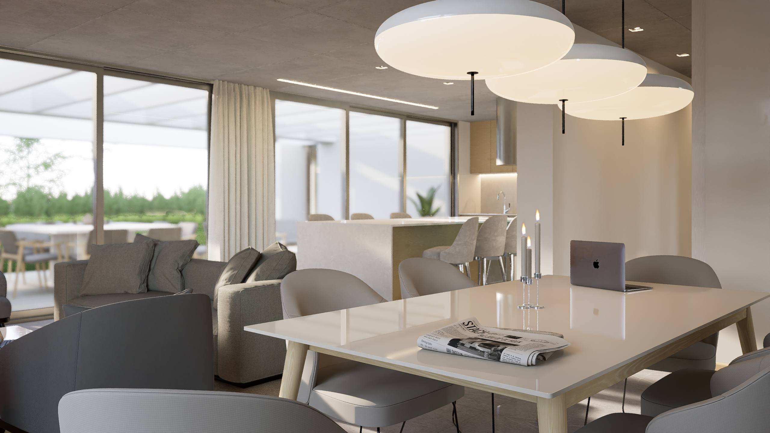 Integración entre comedor, estar y cocina con vista a la galería exterior