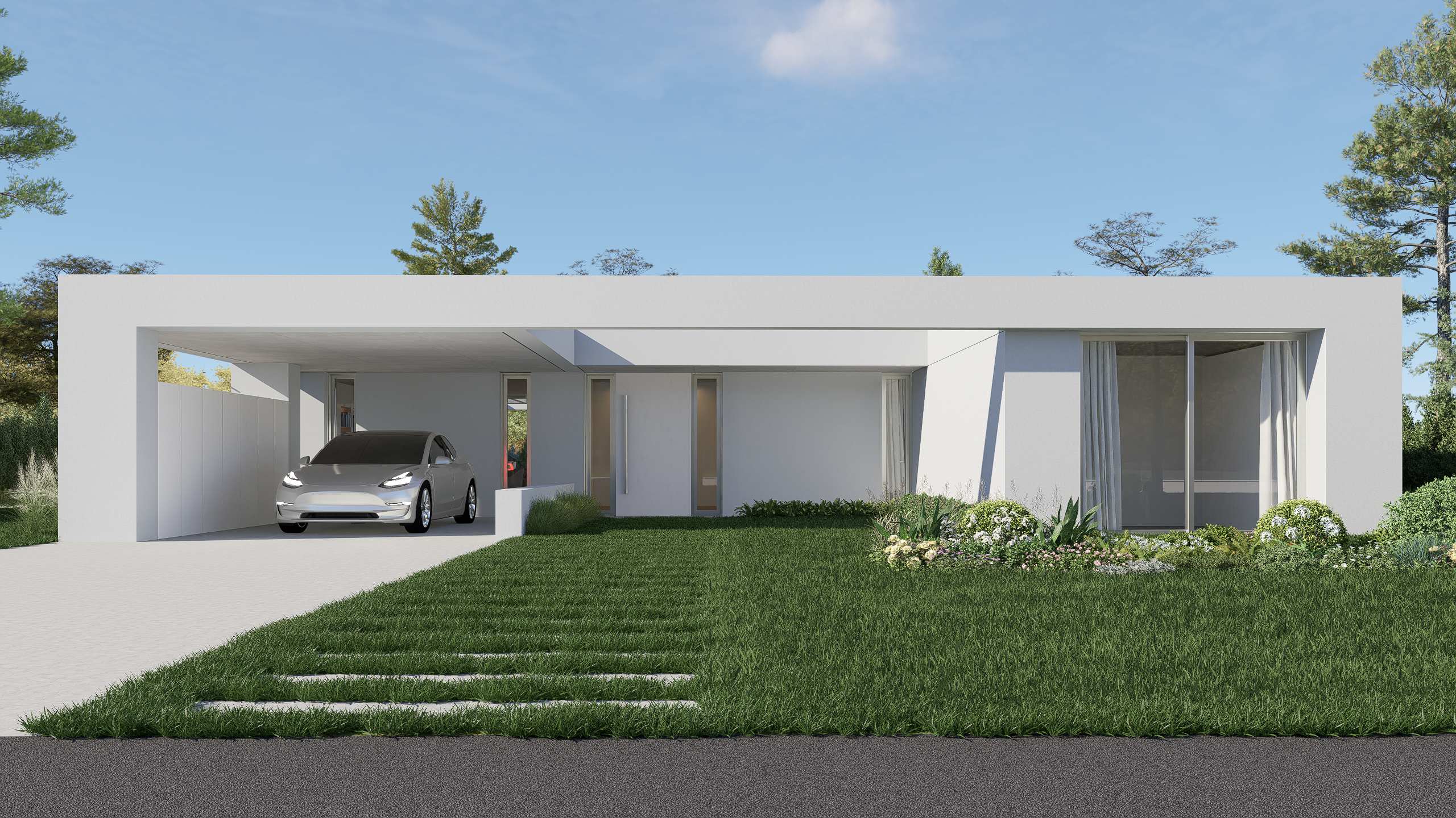Vista frontal de la vivienda con el estacionamiento cubierto, el acceso y el jardín