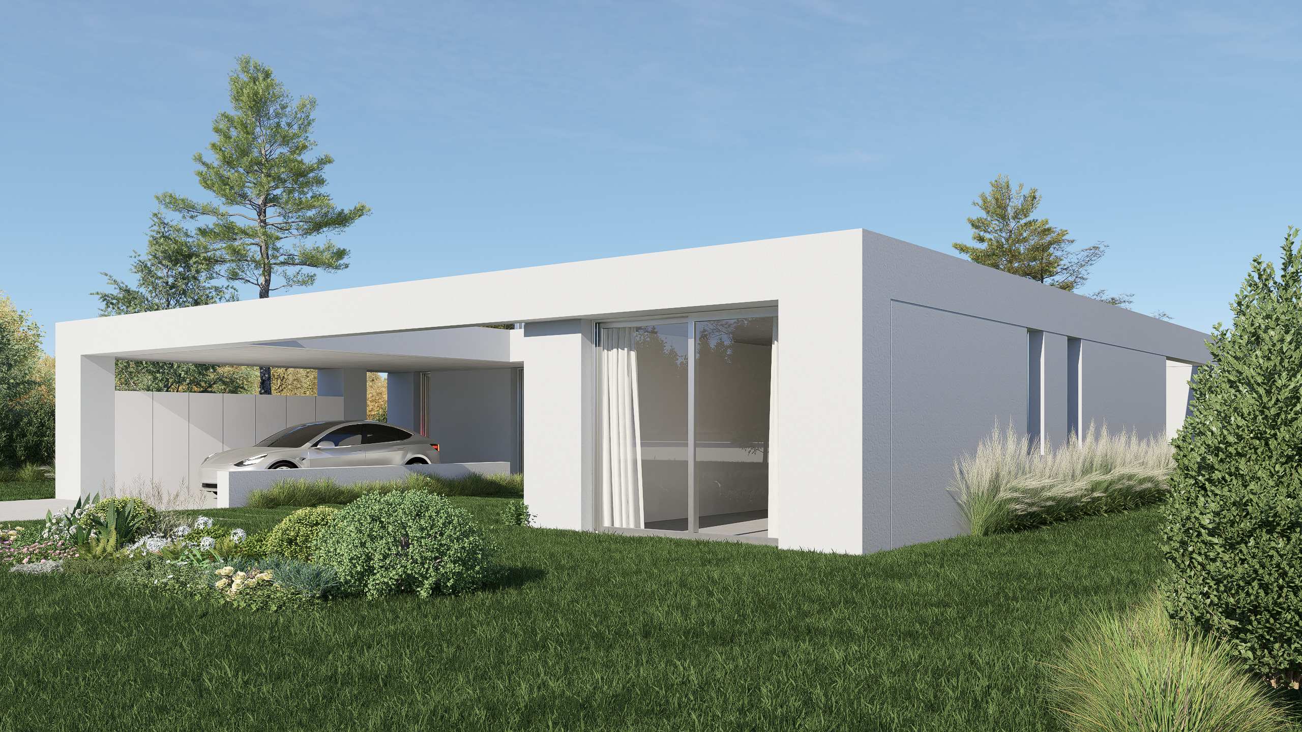 Vista en ángulo de la vivienda con el estacionamiento cubierto y el ventanal del dormitorio