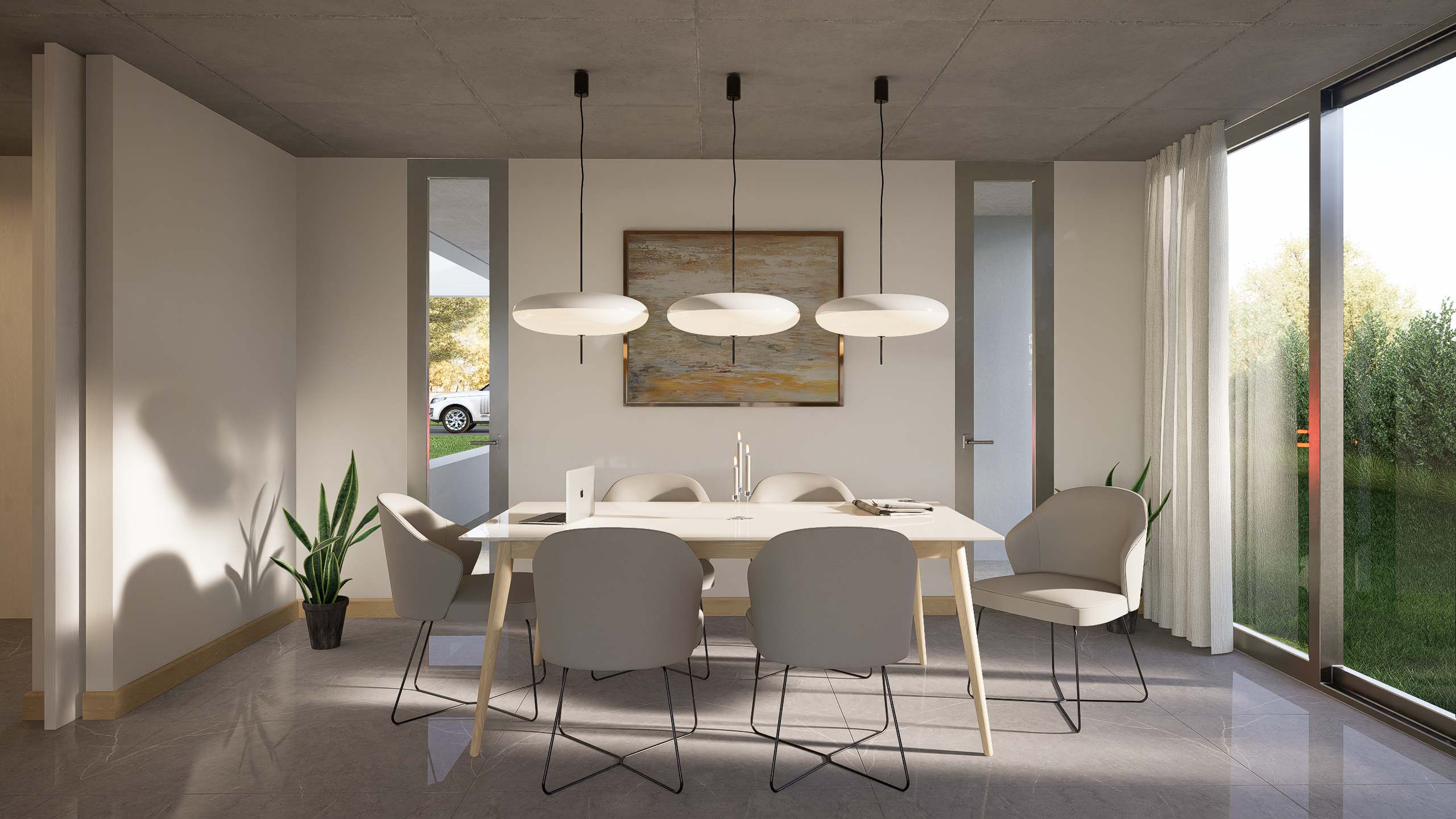Comedor con luminarias colgantes, mesa de madera clara y gran ventanal al jardín