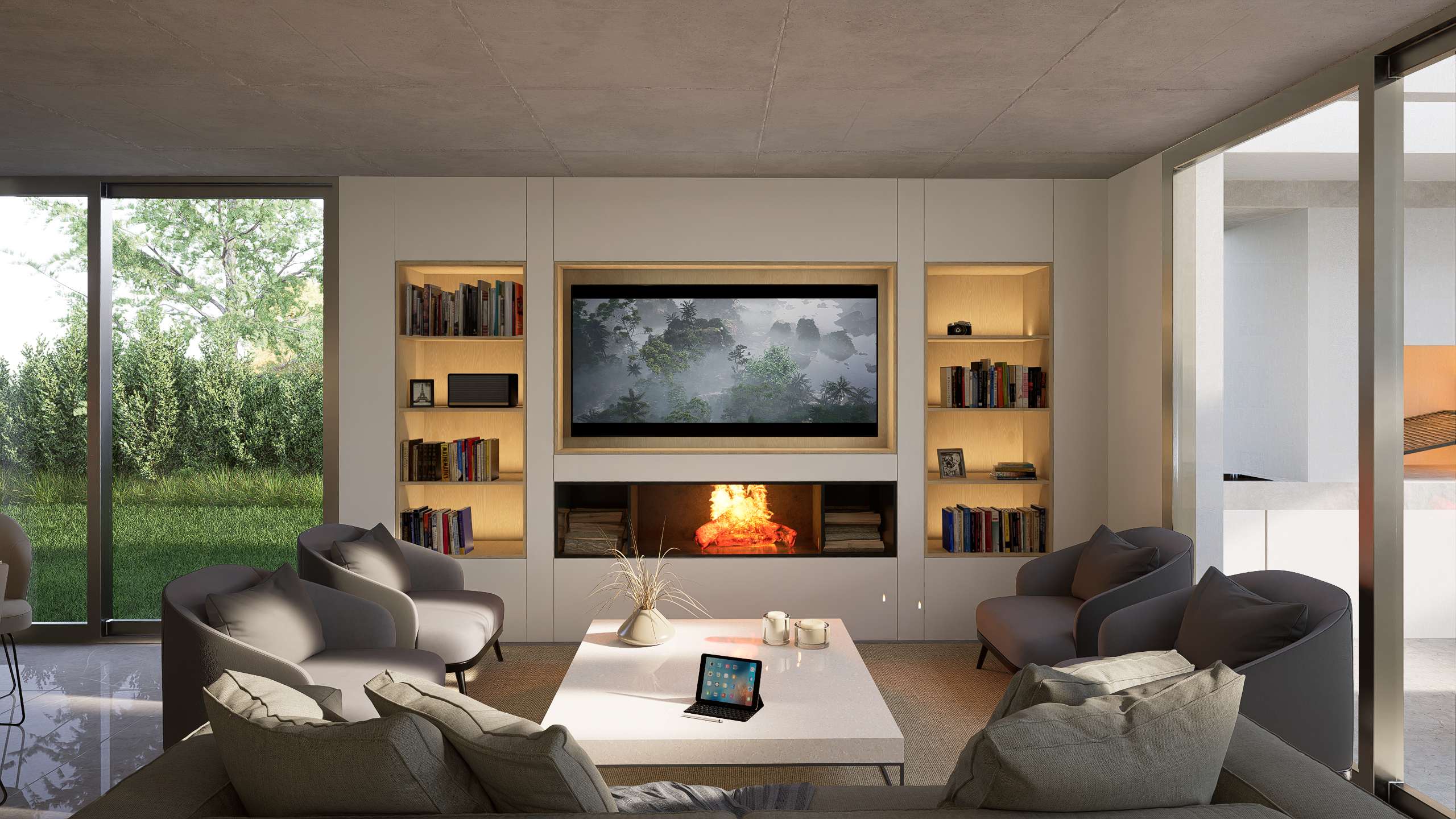 Estar con mueble de biblioteca, televisor y hogar integrado, y vista al jardín
