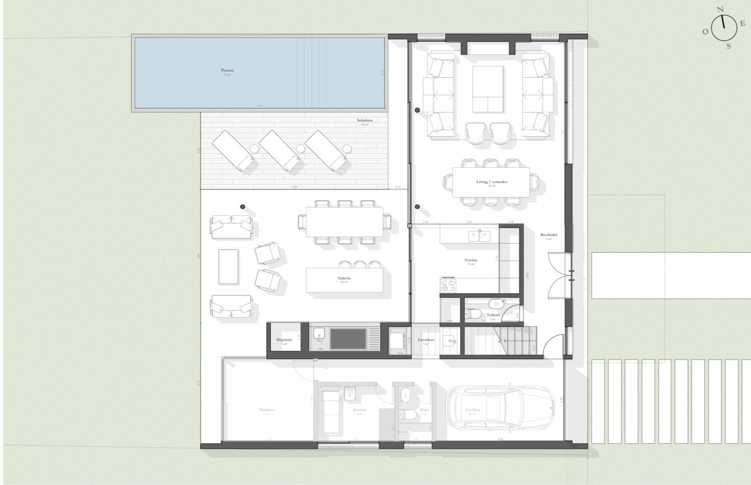 Planta baja con distribución de cocina, comedor, living, galería y piscina