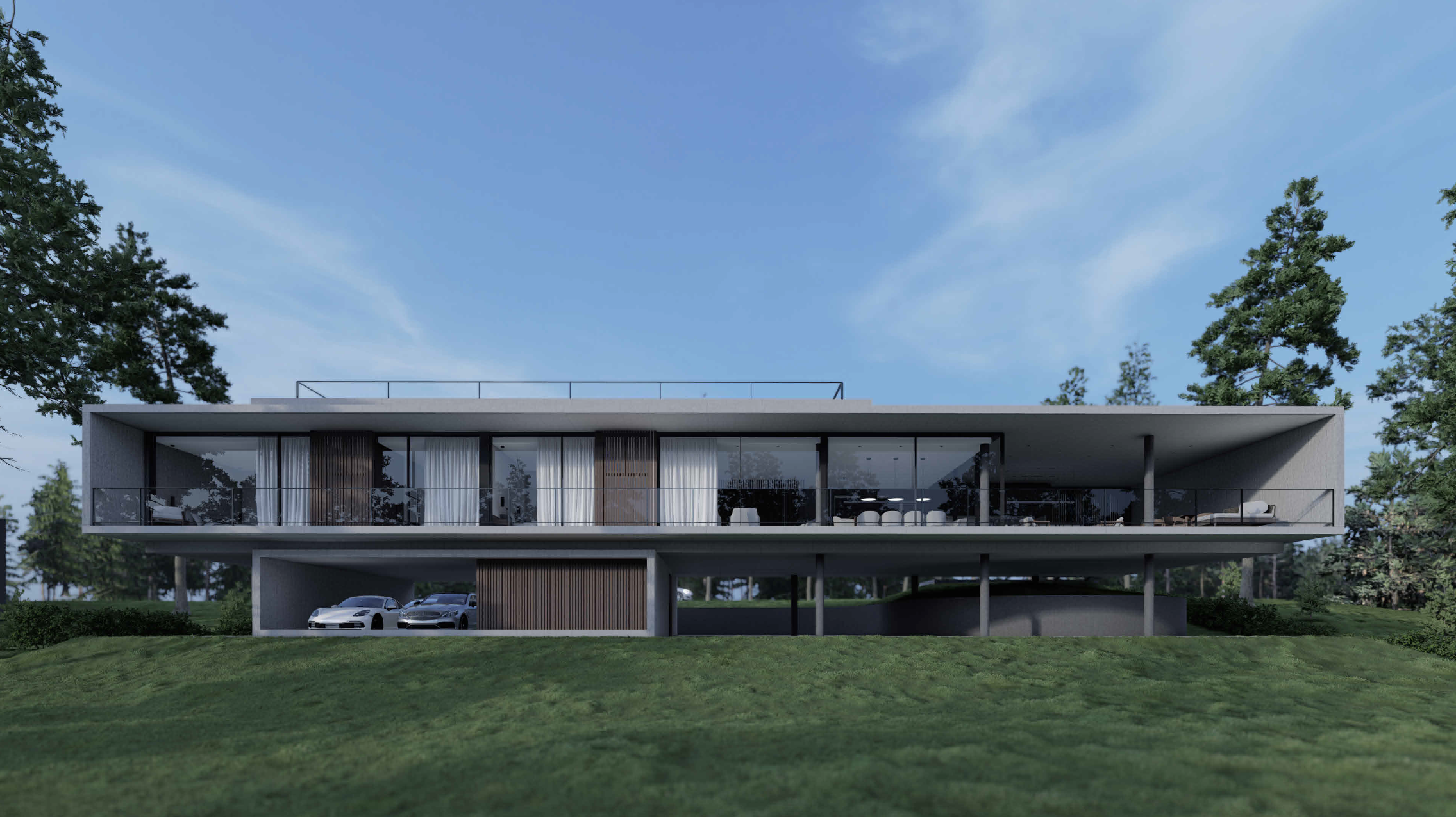 Vista frontal de la vivienda mostrando los grandes ventanales y la relación con el entorno natural