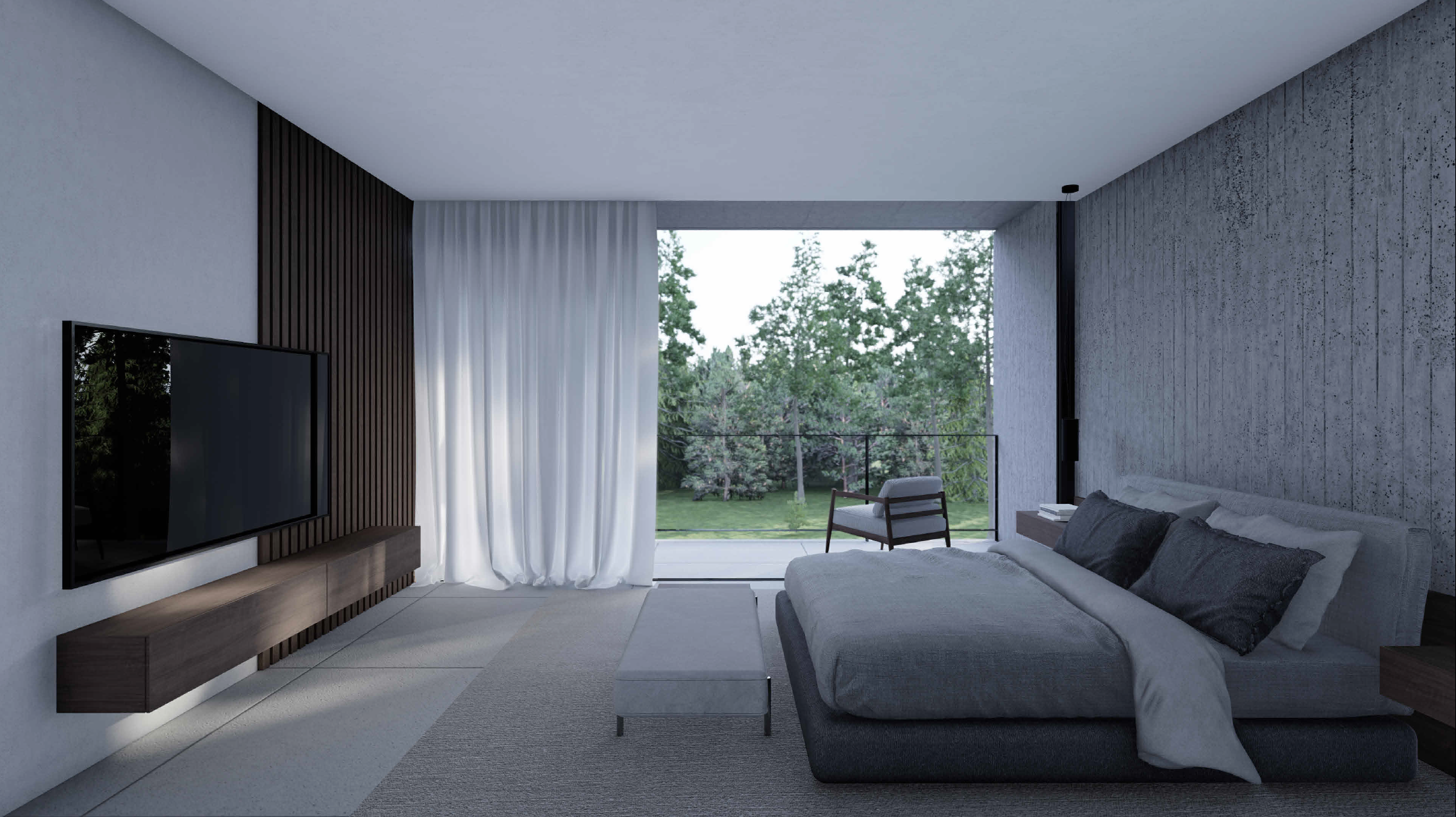Render interior del dormitorio principal con vista al bosque